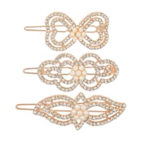 Set of 3 Rose Gold Toned Rhinestone & Pearl Studded Hair Pins for Women