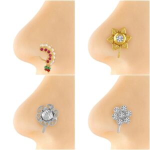 Set of 4 Different Styles Silver and Gold Plated Clip On  Nose Pins for Women