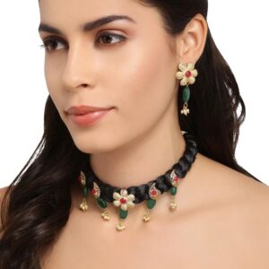 Silk Thread Braided Tribal Necklace Set Embellished with Ruby and Emerald for Women