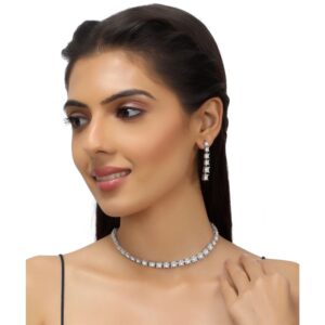 Silver Plated American Diamond Studded Handcrafted Choker Necklace Set for Women and Girls