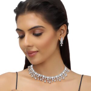 Silver Plated American Diamond Studded Handcrafted Choker Necklace Set for Women