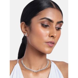 Silver Plated American Diamond Studded Delicate Necklace Set for omen
