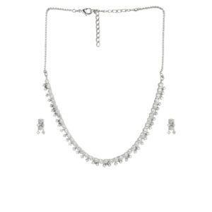 Silver Plated American Diamond Studded Delicate Necklace Set for omen