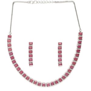 Silver Plated American Diamond Studded Pink Necklace Set for Women