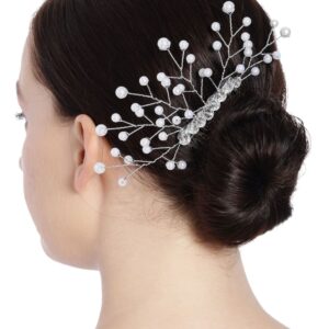 Silver Plated Hair Comb Pin Embellished with Crystal Beads and Pearls for Women