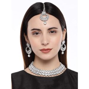 Silver Plated Semi-Precious Stone and Pearls Jewellery Set with Earrings and Maang Tika for Women