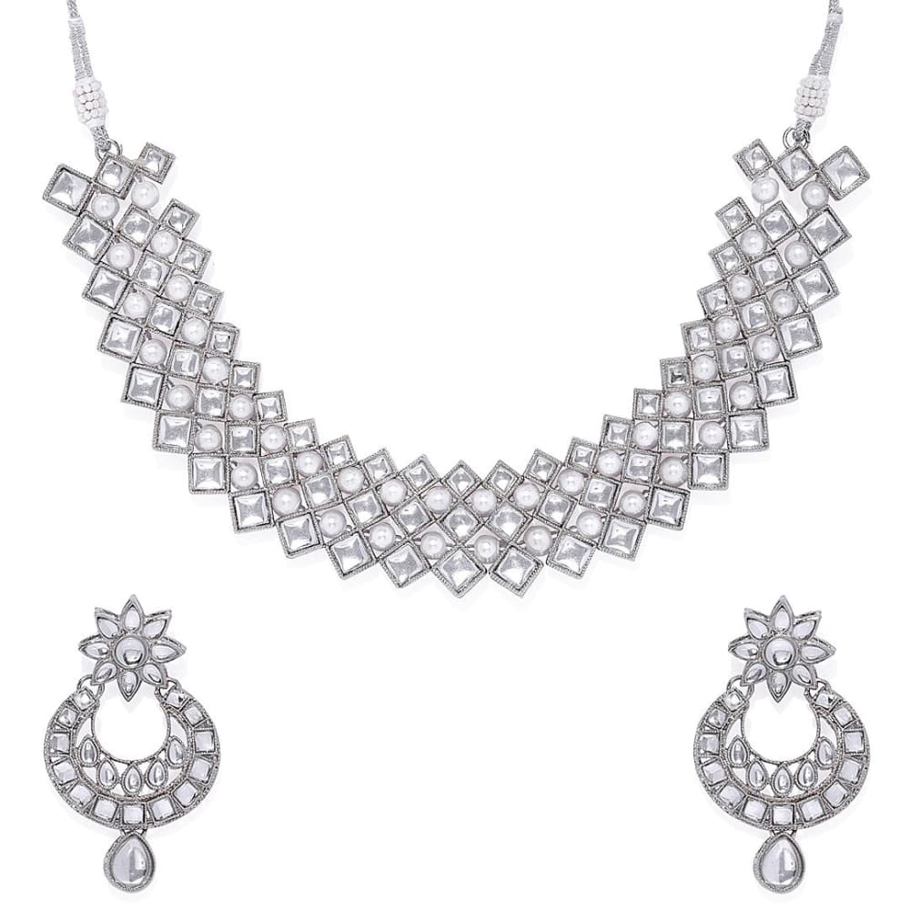 AccessHer Silver Toned kundan and Pearls Jewellery Set with