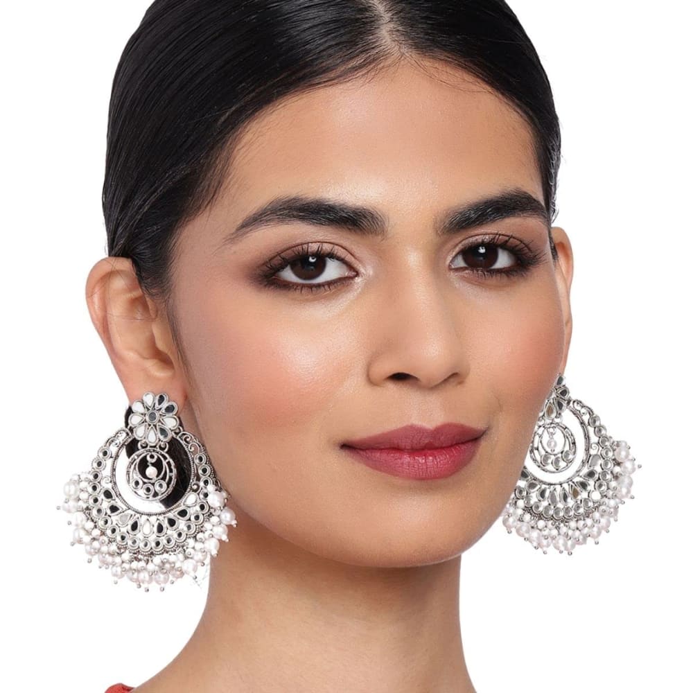 Silver plated Kundan Mirror Chandbali Earrings | Delicate