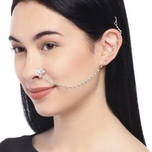 Silver Plated Kundan Nose Ring with Pearl Chain for Women