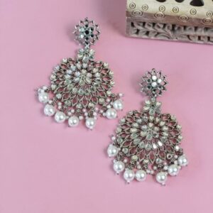 Silver Plated Mirror Chandbali Earrings with Pearls for Women