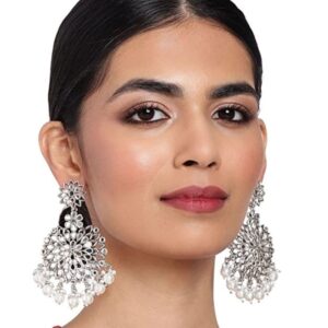 Silver Plated Mirror Chandbali Earrings with Pearls for Women