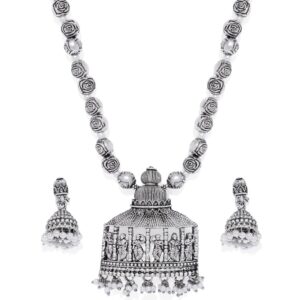 Silver Plated Oxidised Long Garba Necklace Set with Jhumki Earrings for Women