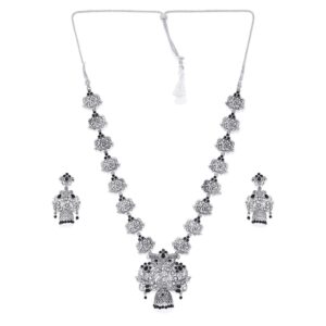 Silver Plated Oxidized Antique Peacock Designed Long Necklace Set for Women
