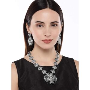 Silver Plated Oxidized Antique Peacock Designed Long Necklace Set for Women