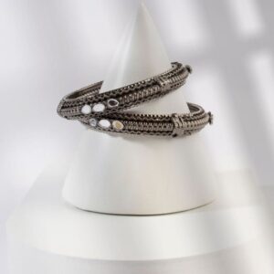Silver Plated Oxidized Mirror Studded Bangles Set of 2 for Women