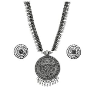 Silver Plated Oxidized Tribal Inspired Long Necklace Set With Stud Earrings for Women