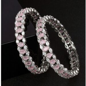 Silver Plated Pink American Diamond Studded Handcrafted Bangles Set Of 2 for Women