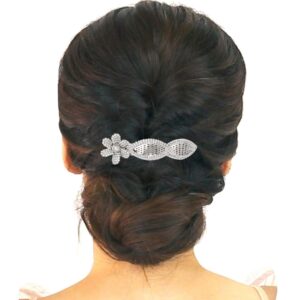 Silver Plated Rhinestones Floral Hair Barrette Buckle Clip for Women