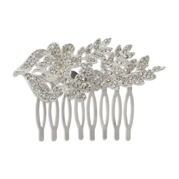 Silver Plated Rhinestones Studded Hair Comb Pin in Floral