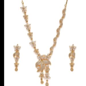 Silver-Toned Gold Plated CZ & AD Studded Handcrafted Jewellery Set For Women & Girls