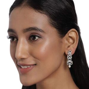 Silver-Toned Rhodium-Plated AD-Studded Drop Earrings