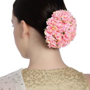 Statement Elastic Floral Hair Bun Cover handcrafted with Artificial Pink Roses for Women