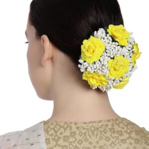 Statement Floral Hair Bun Cover with Artificial Yellow Roses and Mogra for Women