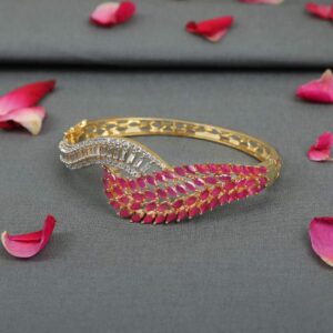 Statement Gold Plated American Diamonds & Pink Semi-Precious Stones Studded Handcrafted Bracelet for Women
