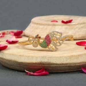 Statement Gold Plated American Diamonds Studded Peacock Design Handcrafted Bracelet for Women