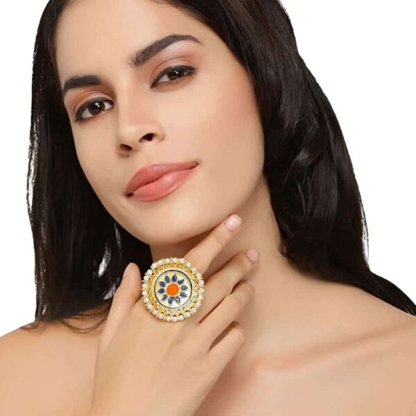AccessHer Gold Plated Floral Finger Ring with Kundan and