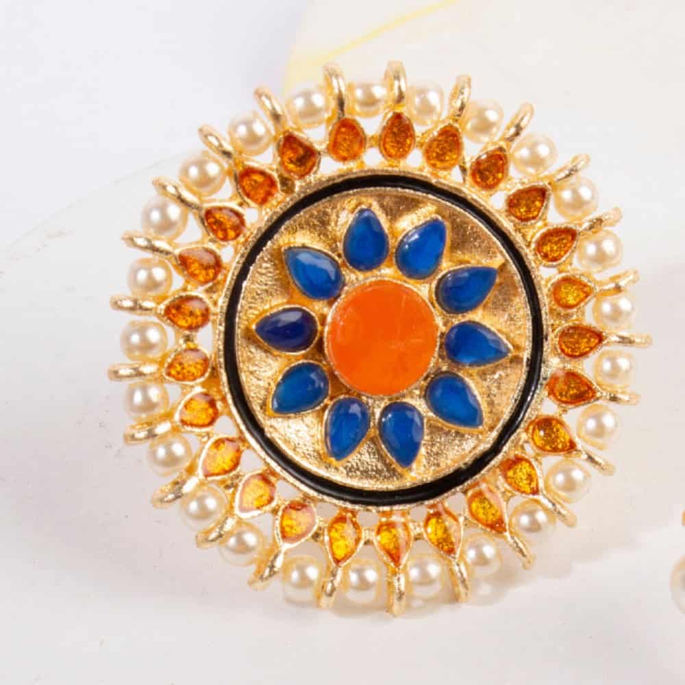 Gold Plated Floral Finger Ring with Kundan and Artifcial