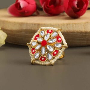 Statement Kundan Finger Ring with Enamel Work & Pearl Beads Embellishment