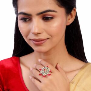 Statement Kundan Finger Ring with Enamel Work & Pearl Beads Embellishment for Women