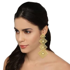 Antique Gold Tone Zinc Alloy Embellished with Statement Kundan Studded Filigree Dangle Earrings for Women and Girls pair of 1