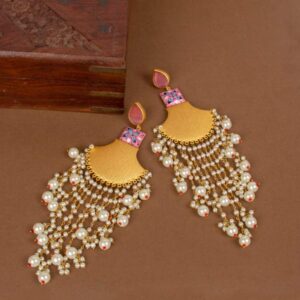 Statement Modern Chandbali Chandelier Earrings with Pearl Drops for Women