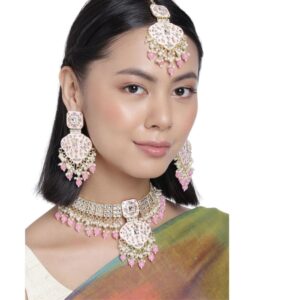 Statement Pink Enamel and Beads Embellished Necklace Set with Maang Tika for Women