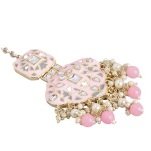 Statement Pink Enamel and Beads Embellished Necklace Set with Maang Tika for Women