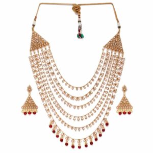Traditional Gold Plated Studded Multi Strand Long Necklace Set for Women