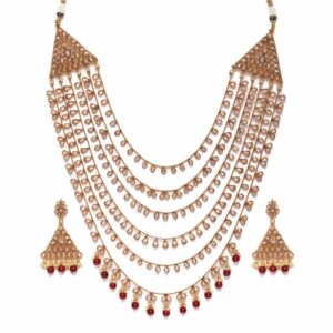 Traditional Gold Plated Studded Multi Strand Long Necklace Set for Women
