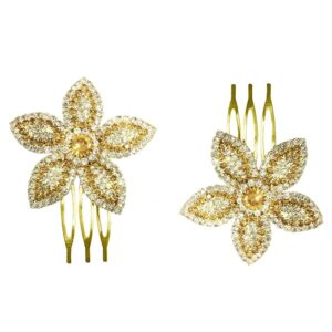 Studded Petal Shaped Gold Plated Hair Comb Pins Set of 2 for Women