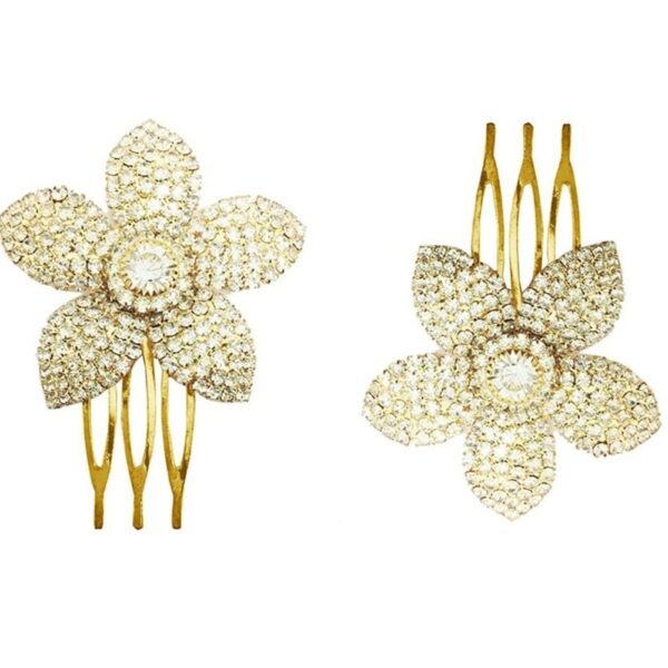 Studded Petal Shaped Gold Plated Hair Comb Pins Set of 2