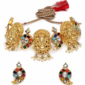 Temple Inspired Gold Plated Multicolour Paachi Kundan Ganesha Necklace Set for Women