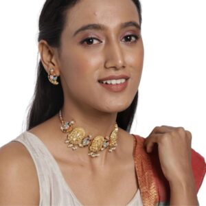 Temple Inspired Gold Plated Multicolour Paachi Kundan Ganesha Necklace Set for Women