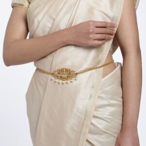 Temple Inspired Gold Plated Waist Belt Kamarbandh with Pearls Drops for Women