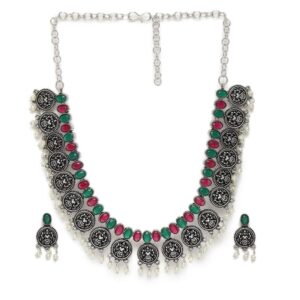 Temple Inspired Mata Ruby Emerald Oxidised Necklace Set for Women