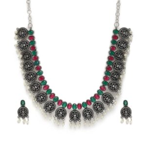 Temple Inspired Mata Ruby Emerald Oxidised Necklace Set for Women