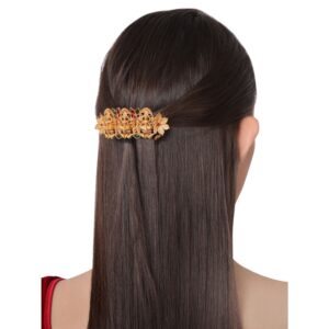 Temple Inspired Matt Gold Plated Ruby Emerald Embellished Hair Barrette for Women