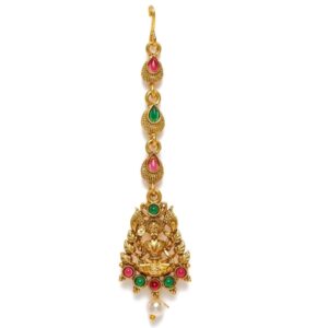 Temple Inspired Matte Gold Toned Ruby Emerald Stone Studded Maang Tika for Women