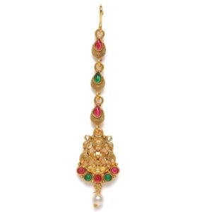 Temple Inspired Matte Gold Toned Ruby Emerald Studded Maang tika for Women