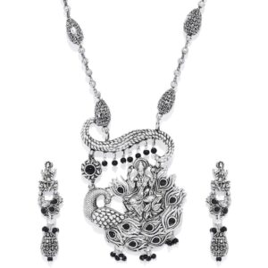 Temple Inspired Silver Plated Oxidised Long Necklace Set for Women
